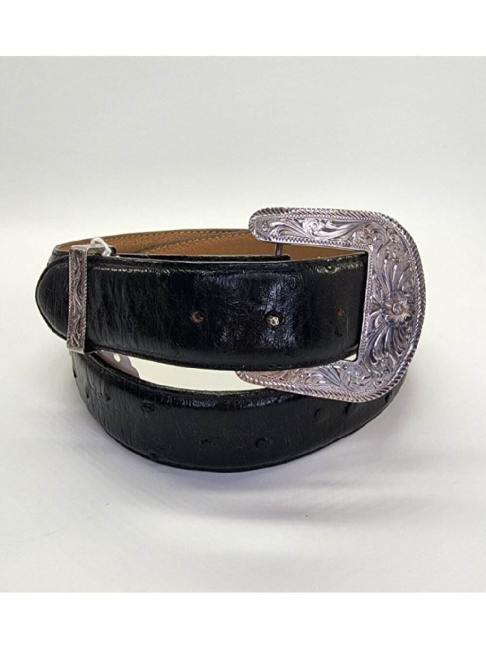 Ferrini Mens Black Ostrich Belt With Large Silver Plated Buckle Size 40 Western